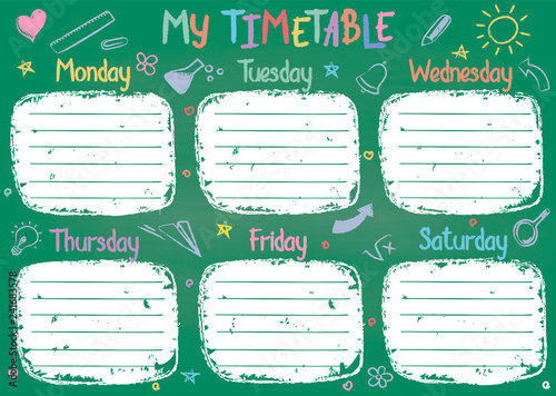School timetable template on chalk board with hand written colored chalk text. Weekly lessons shedule in sketchy style decorated with hand drawn school doodles on green board.