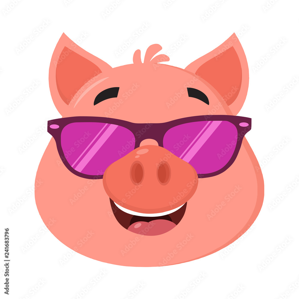 Smiling Pig Cartoon Character Face Portrait With Sunglasses. Vector Illustration Flat Design Smiling Pig Cartoon Character Face Portrait With Sunglasses. Vector Illustration Flat Design