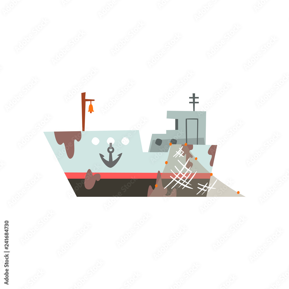 Fishing boat, trawler for industrial seafood production, retro marine ship vector Illustration