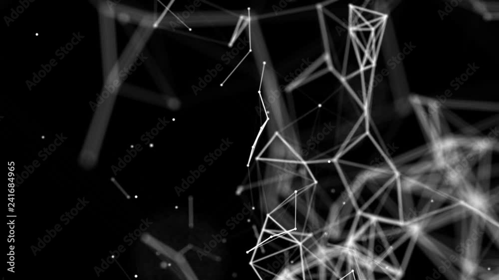 white dots are connected by lines slowly fly on a black background. 3d ...