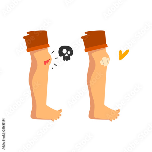Bleeding wound on the knee, sticking plaster, physical injury, first aid and treatment vector Illustration on a white background