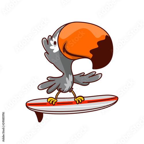 Funny humanized toucan standing on surfing board. Summer activity. Tropical bird. Cartoon vector design