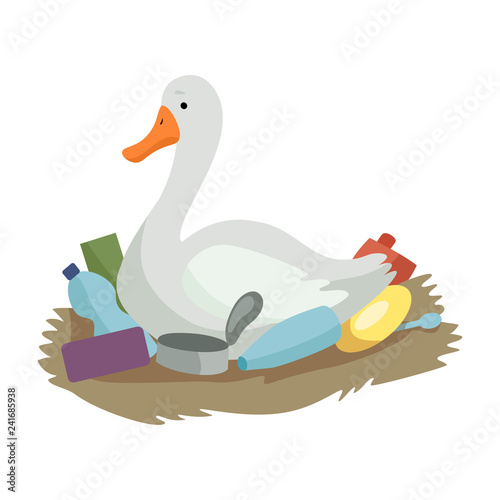 Swan sitting in the nest of plastic waste, global environmental problem, ecological disaster vector Illustration on a white background