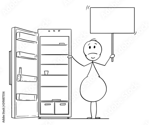 Cartoon stick drawing conceptual illustration of hungry and depressed overweight, obese or fat man holding empty sign and empty fridge or refrigerator.