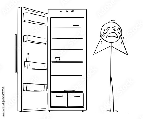 Cartoon stick drawing conceptual illustration of depressed man crying near empty fridge or refrigerator.