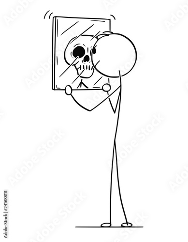 Cartoon stick drawing conceptual illustration of smiling man looking at yourself in mirror and seeing skeleton skull representing death.