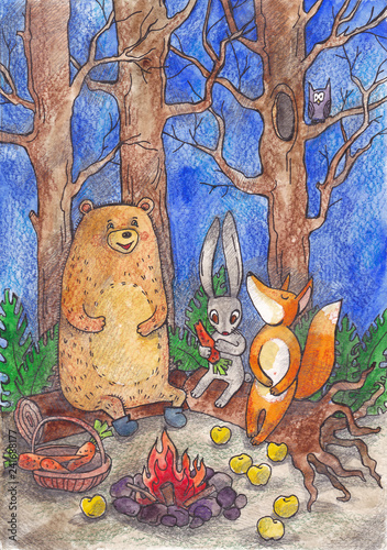 watercolor illustration of forest animals in the forest. Bear, Fox and hare sitting by the fire, night forest