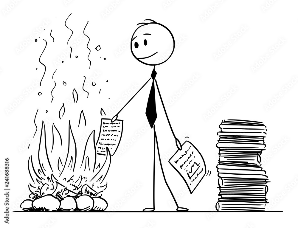 Cartoon stick man drawing conceptual illustration of businessman or office clerk burning sheets of paper documents in fire of fireplace.