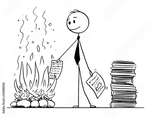 Cartoon stick man drawing conceptual illustration of businessman or office clerk burning sheets of paper documents in fire of fireplace.