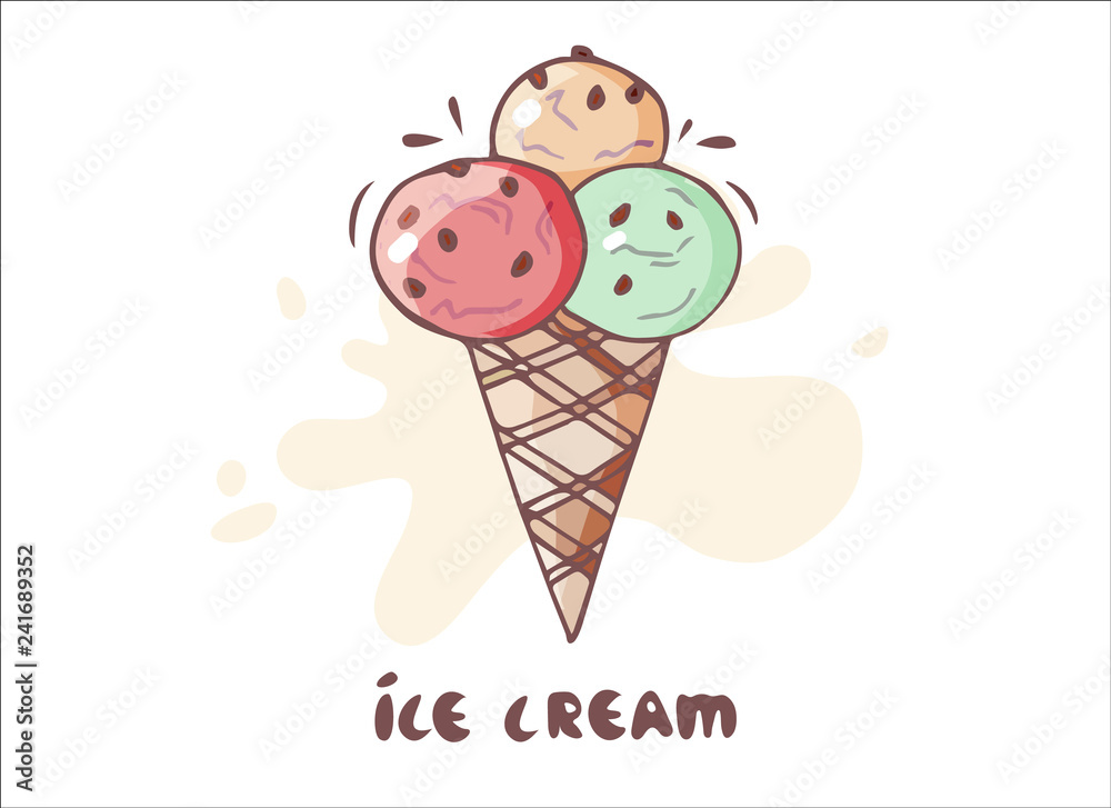 ice cream balls in the waffle cone isolated on white background. Vector flat outline icon. in cartoon style illustration for t shirt design. sticker or badge, Ice cream cone icons isolated ice cream balls in the waffle cone isolated on white background. Vector flat outline icon. in cartoon style illustration for t shirt design. sticker or badge, Ice cream cone icons isolated