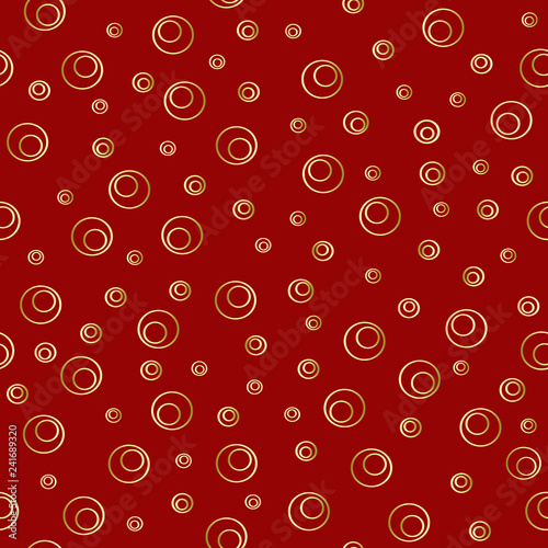Golden circle on a red background. Duplicate abstract seamless pattern. Vector illustration