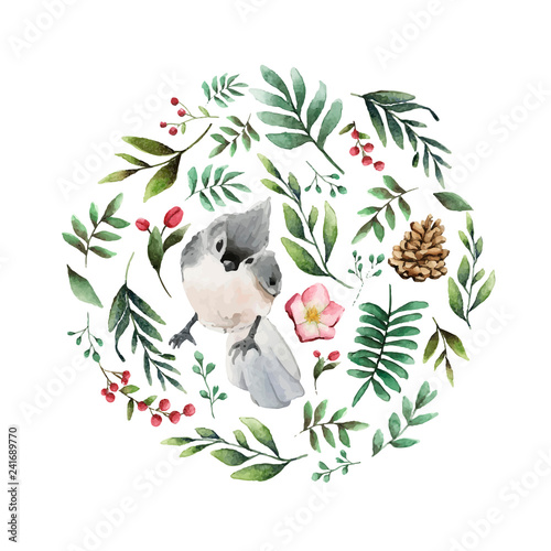Tufted titmouse bird surrounded by flowers and leaves watercolor painting vector photo