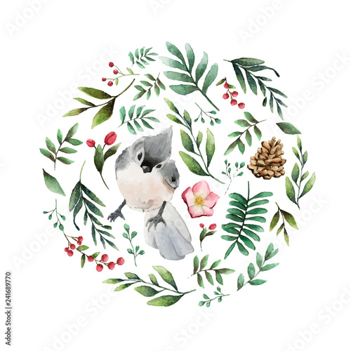 Tufted titmouse bird surrounded by flowers and leaves watercolor painting vector