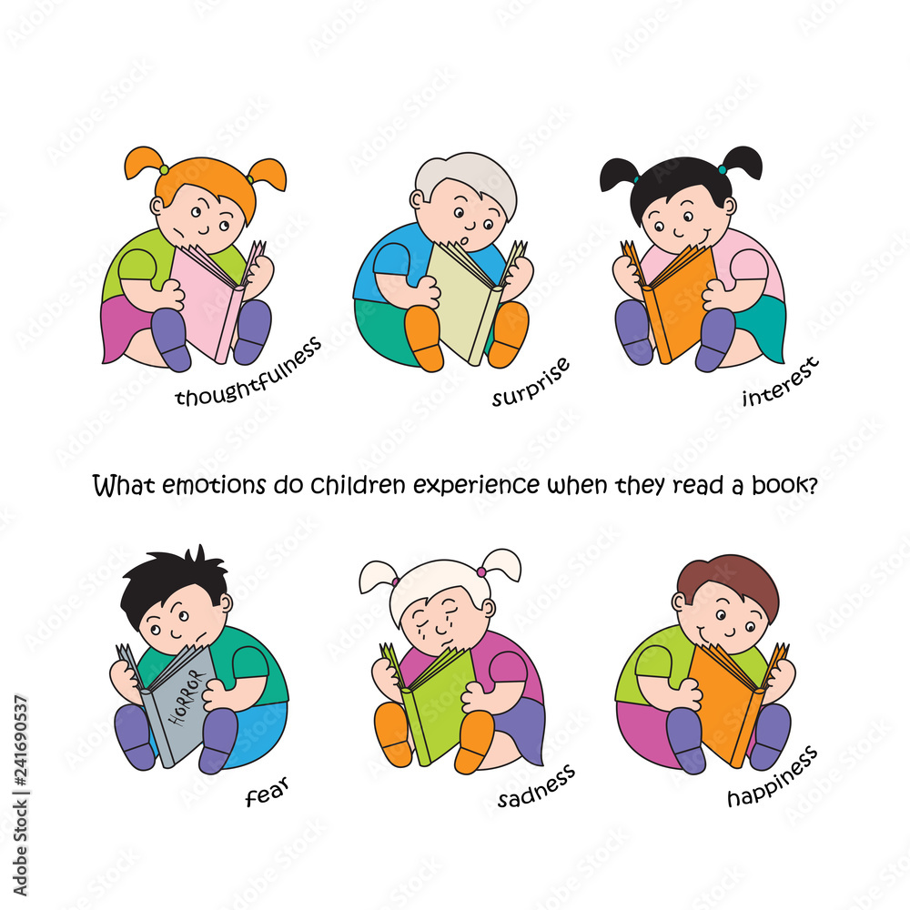 Vector Illustration Of Children Are Reading A Book A Set Of Children S Emotions And Moods Stock Vector Adobe Stock