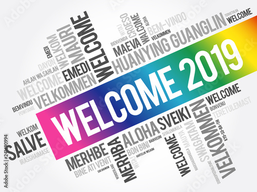 WELCOME 2019 word cloud in different languages, conceptual background