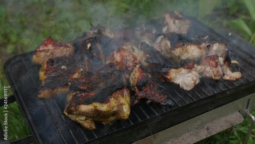 Chicken wings on flaming and smoking grill. Cooking classic BBQ meal. Cooking food on picnic outdoors. Family holidays on nature. Chicken wings on flaming and smoking grill. Cooking classic BBQ meal. Cooking food on picnic outdoors. Family holidays on nature.