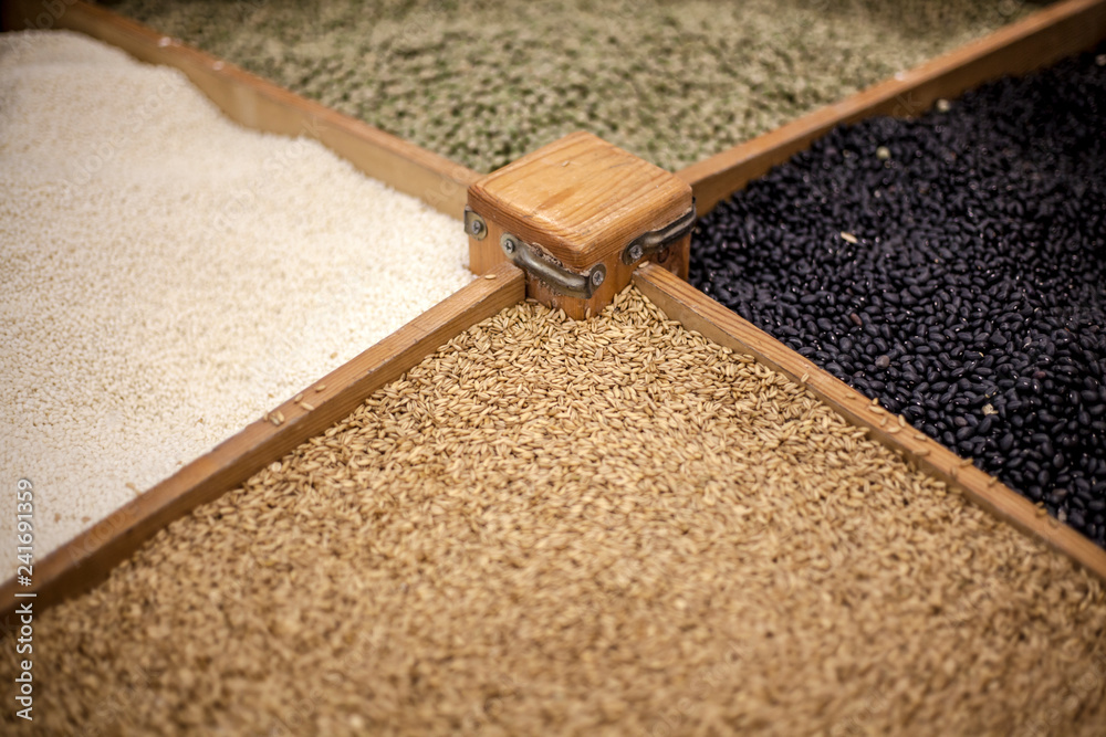 Top view composition with cereals like buckwheat maize rice peas haricot millet oats beans poppy seed herbage Top view composition with cereals like buckwheat maize rice peas haricot millet oats beans poppy seed herbage
