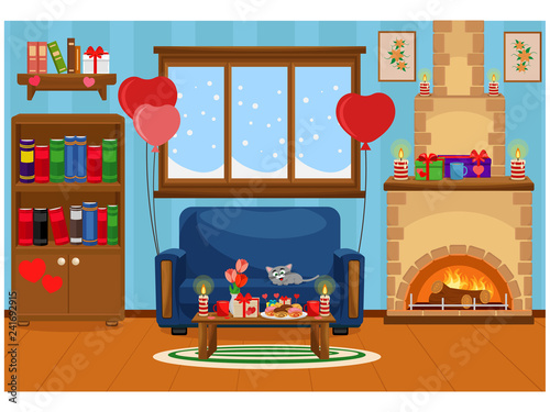 Vector illustration of the interior of the room prepared for the celebration of Valentine's day. Furniture, treats, romance.