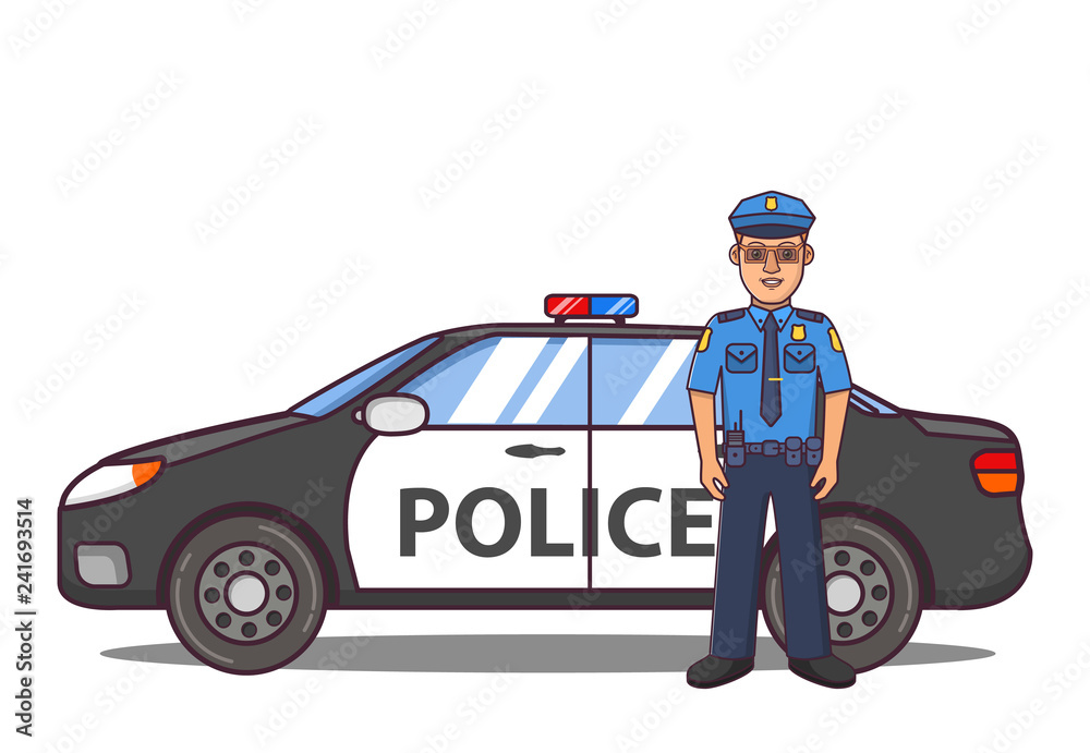 Police officer cartoon character. Police car side view. Patrol vehicle of  emergency services  line art vector. Stock Vector | Adobe Stock
