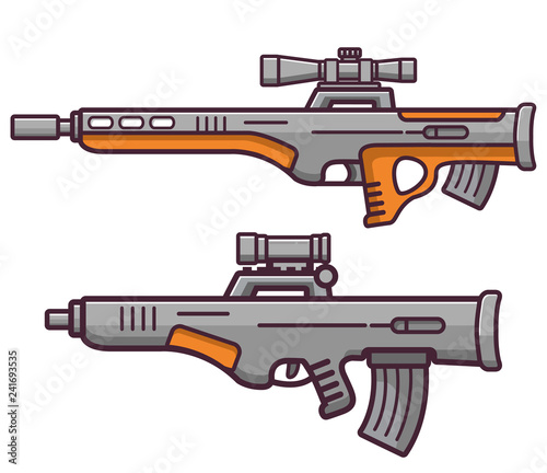 Bullpup firearms sniper rifle.Weapons guns.Set submachine gun modern assault.Flat style line an art a vector on a white background the isolated object.
