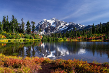 Picture lake reflecting Mount Shuksan on a beautiful day in Washington State