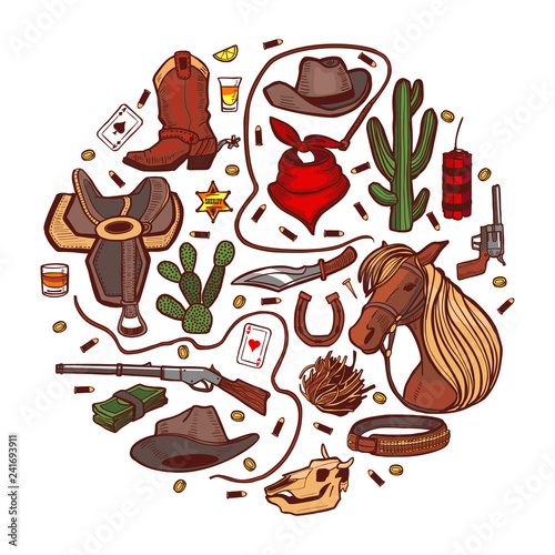 Round Composition with Wild West and Cowboy elements in Hand-Drawn Style