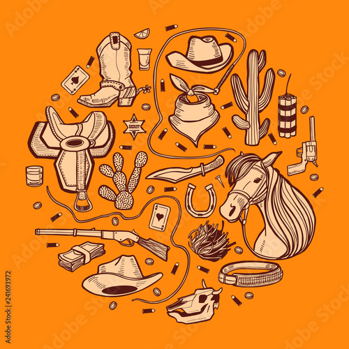 Round Composition with Wild West and Cowboy elements in Hand-Drawn Style