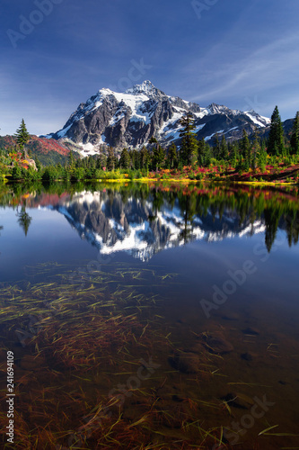 Picture lake reflecting Mount Shuksan on a beautiful day in Washington State