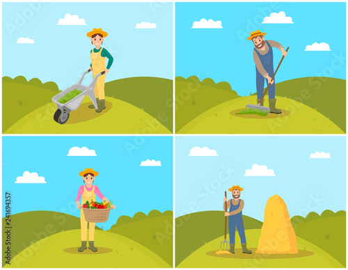 Farmer with Trolley Compost Vector Illustration