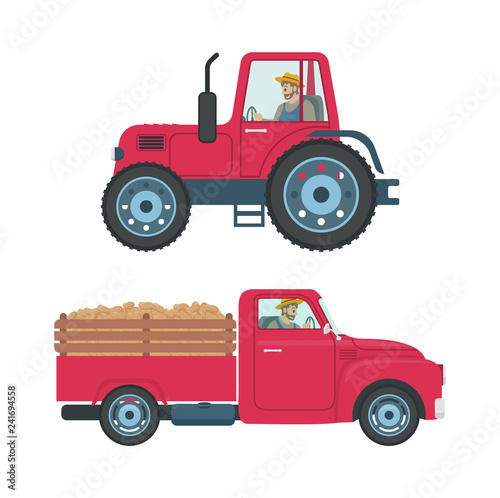 Tractor with Trailer Icons Set Vector Illustration