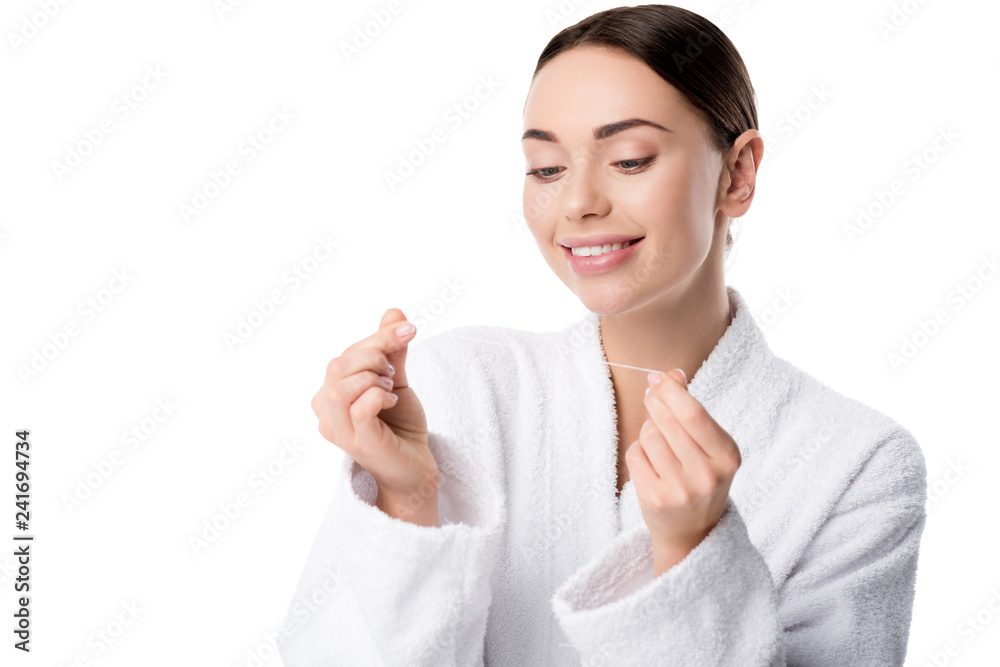 smiling woman in white bathrobe with dental floss isolated on white smiling woman in white bathrobe with dental floss isolated on white