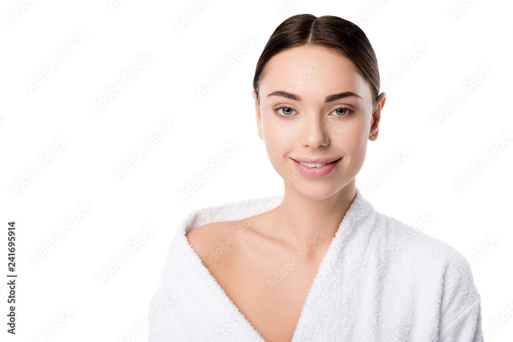 attractive smiling woman in bathrobe looking at camera isolated on white attractive smiling woman in bathrobe looking at camera isolated on white