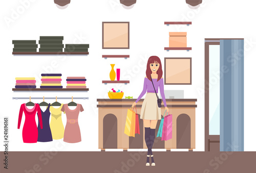 Shopping Woman with Bags in Brand Boutique Vector