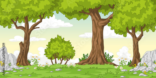 Cartoon summer landscape with trees, hand draw illustration