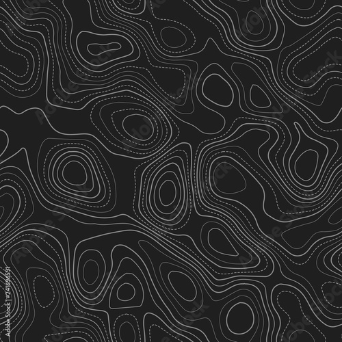 Topographic map background. Actual topography map. Dark seamless design, flawless tileable isolines pattern. Vector illustration.