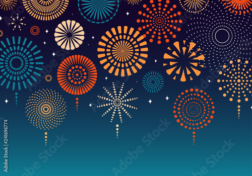 Colorful fireworks on dark background. Vector illustration. Flat style design. Concept for holiday banner, poster, flyer, greeting card, decorative element.