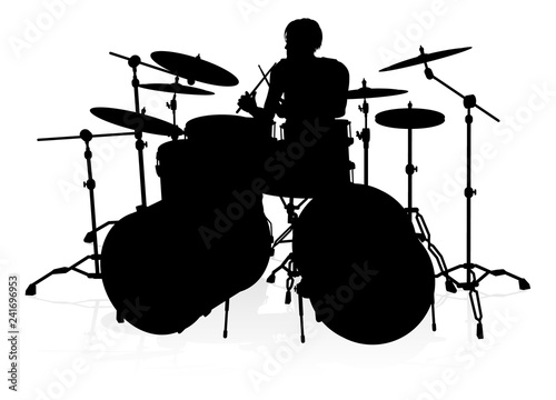 A drummer musician drumming drums in detailed silhouette