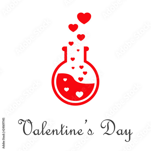 Logotipo abstracto con texto Valentine's Day con probeta con corazones en color rojo
