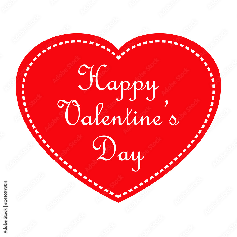 Logotipo con texto Happy Valentine's Day con corazón rojo con borde de línea de puntos en color blanco