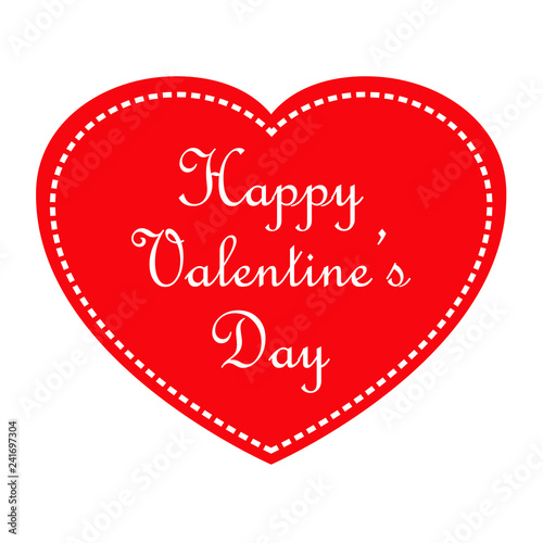 Logotipo con texto Happy Valentine's Day con corazón rojo con borde de línea de puntos en color blanco