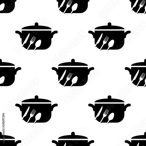 Icono plano patrón con cacerola con cubiertos en espacio negativo en color negro sobre fondo blanco