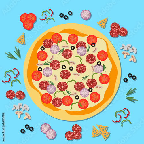 Delicious pizza with salami, cheese and tomato