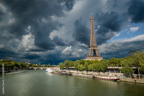 The Eiffel Tower and the Seine while a Storm is coming