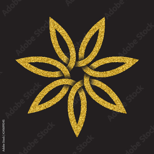 Golden glittering logo symbol in Celtic style on black background. Tribal symbol in seven petals flower form. Gold stamp for jewelry design.
