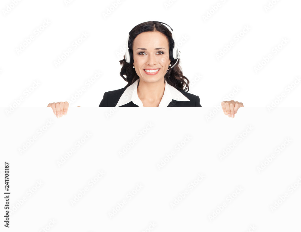 Businesswoman showing blank signboard, isolated Businesswoman showing blank signboard, isolated