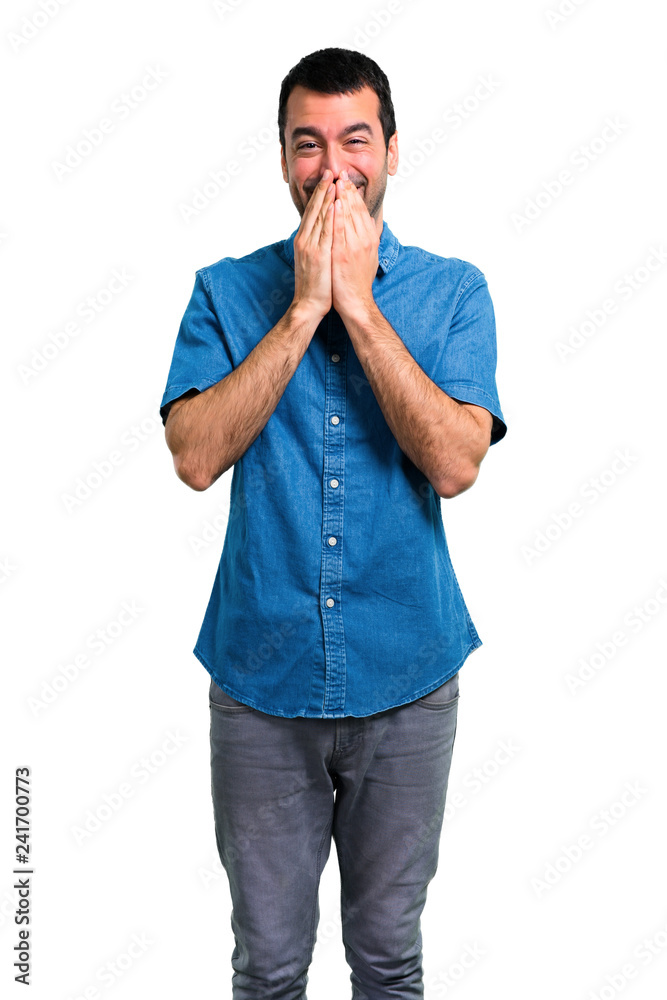 Handsome man with blue shirt laughing Handsome man with blue shirt laughing