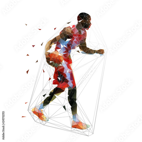 Basketball player in red jersey running with ball, low polygonal vector illustration. African american athlete