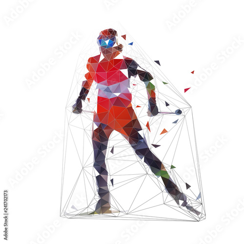 Cross country skier in orange jersey, low polygonal vector illustration, winter sports. Front view. Active people
