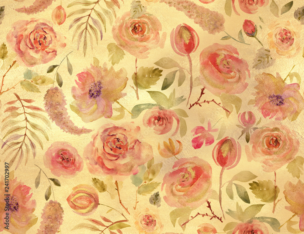 Rose pattern seamless. Pink Golden Watercolor Background