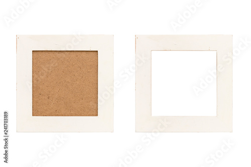 set of two old white wood picture frames with passepartout, isolated on white
